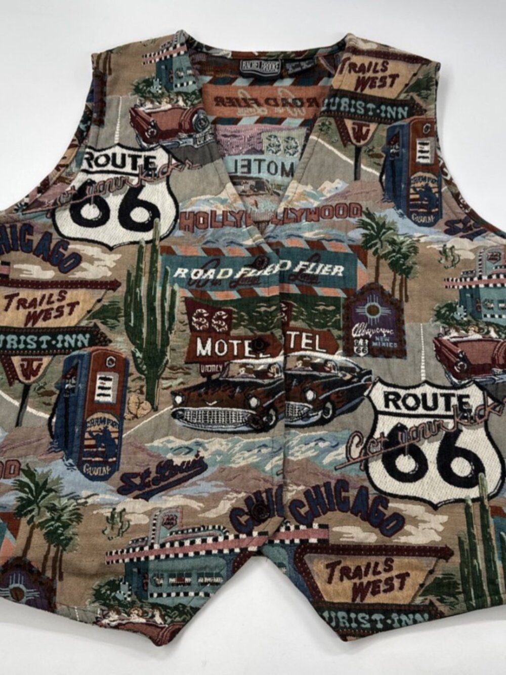 Vintage Route 66 Tapestry Vest Womens 4XL Western Travel Tourist Road Trip Retro